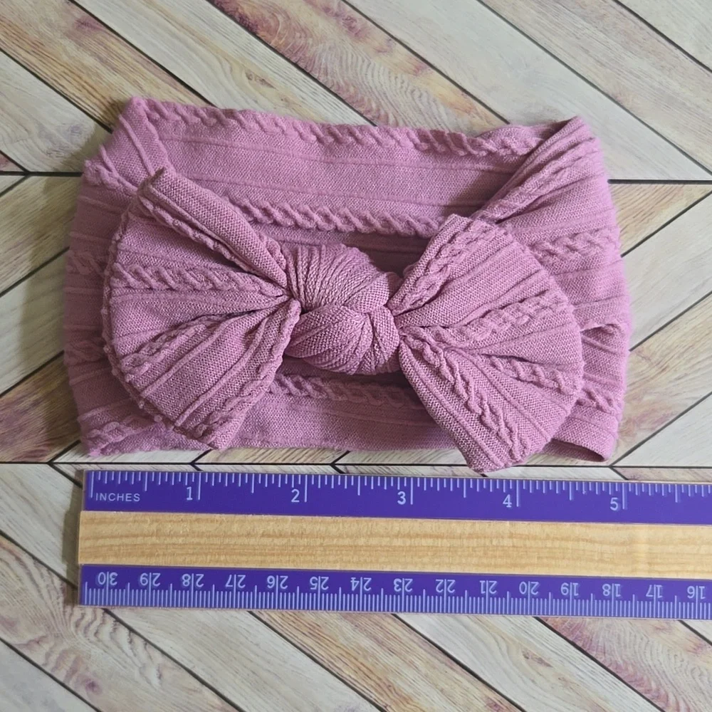 Boho Bowknot Headband Cable Knit Baby Girl Nylon Mauve Kids Handmade Hair Band